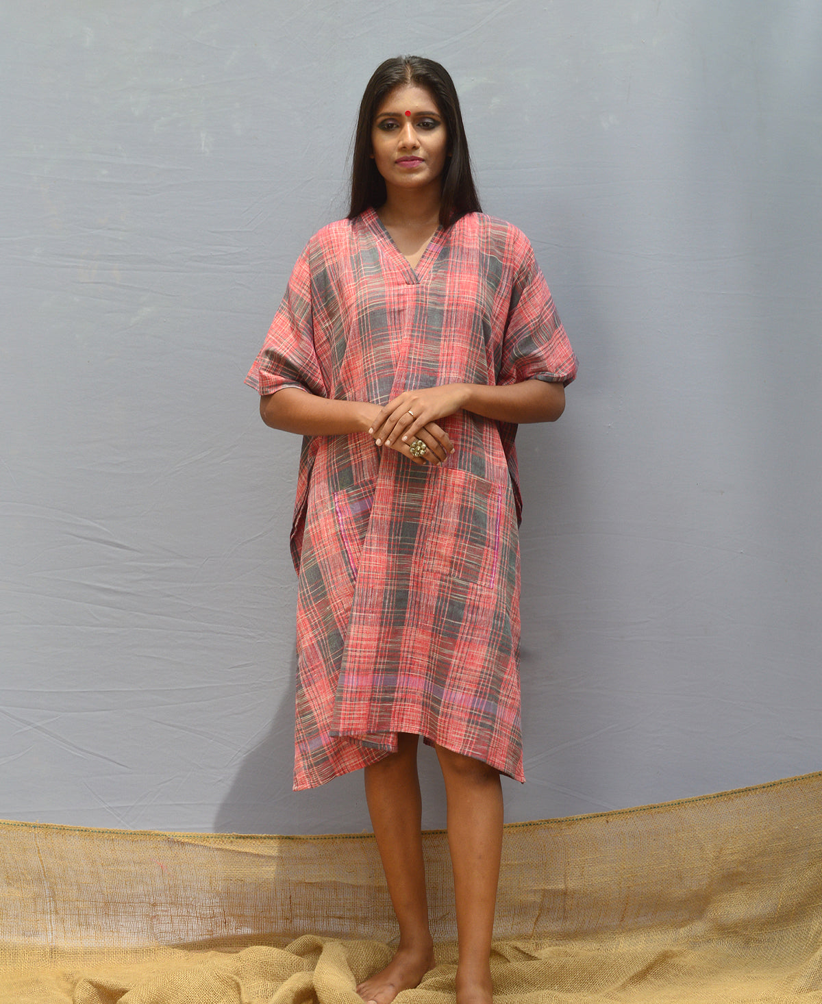 Pink And Green Checked Kaftan Dress